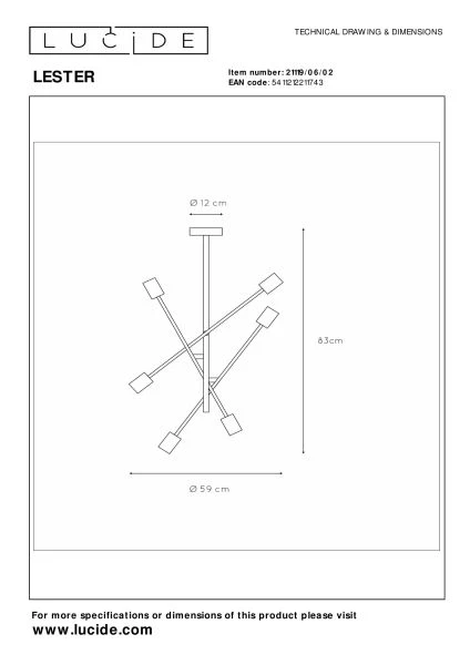 Lucide LESTER - Flush ceiling light - 6xE27 - Matt Gold / Brass - technical